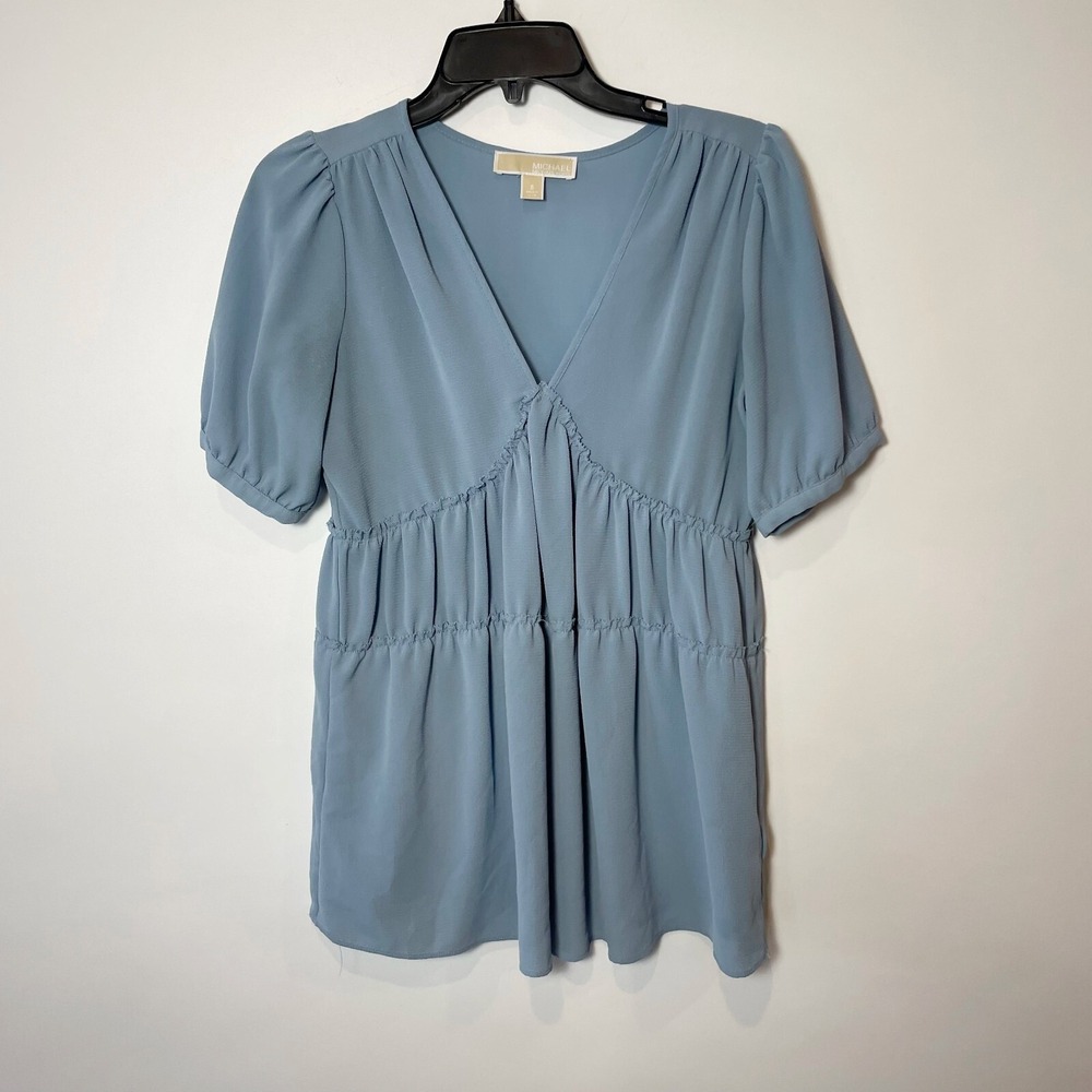 Michael Kors Womens Fashion Basics Puff Sleeve Tunic Blouse Blue S V-Neck Ruched